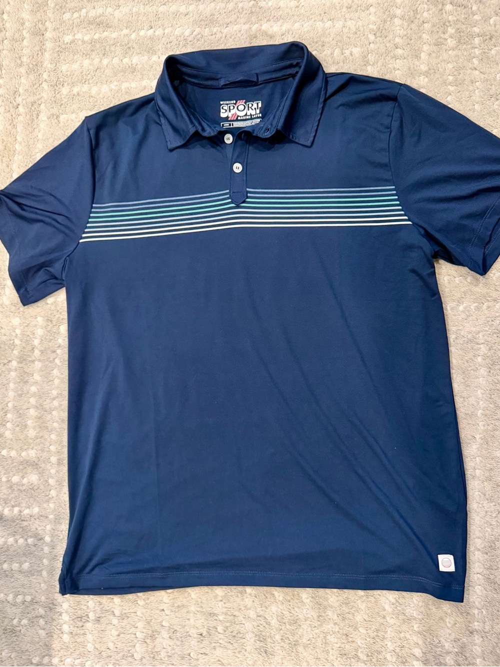 Marine Layer Navy Sport Polo with Blue and Teal Horizontal Stripes